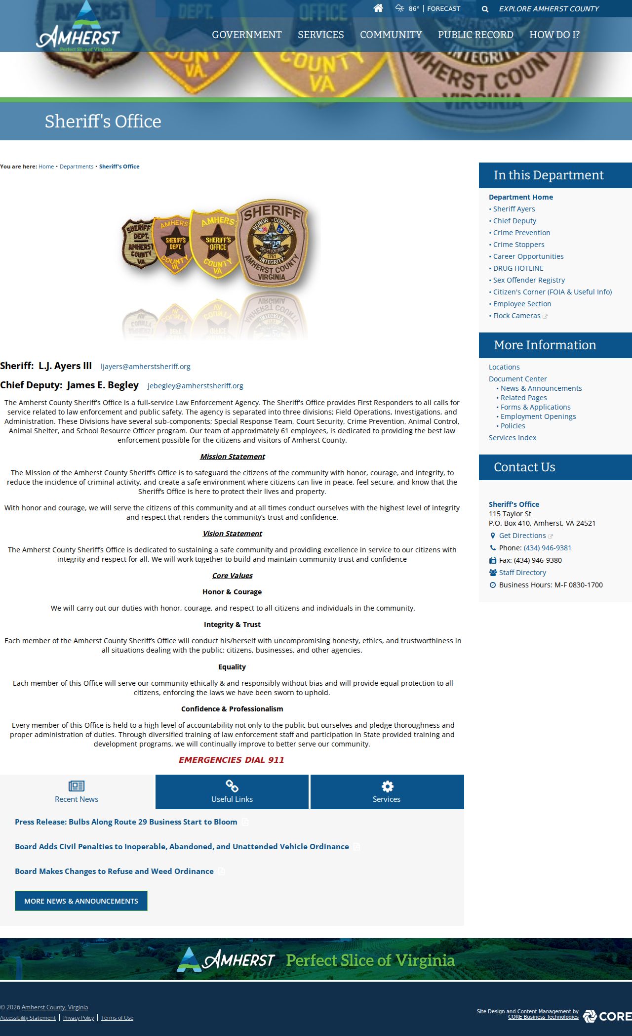 Amherst County arrest lookup source at the Sheriff's Office website
