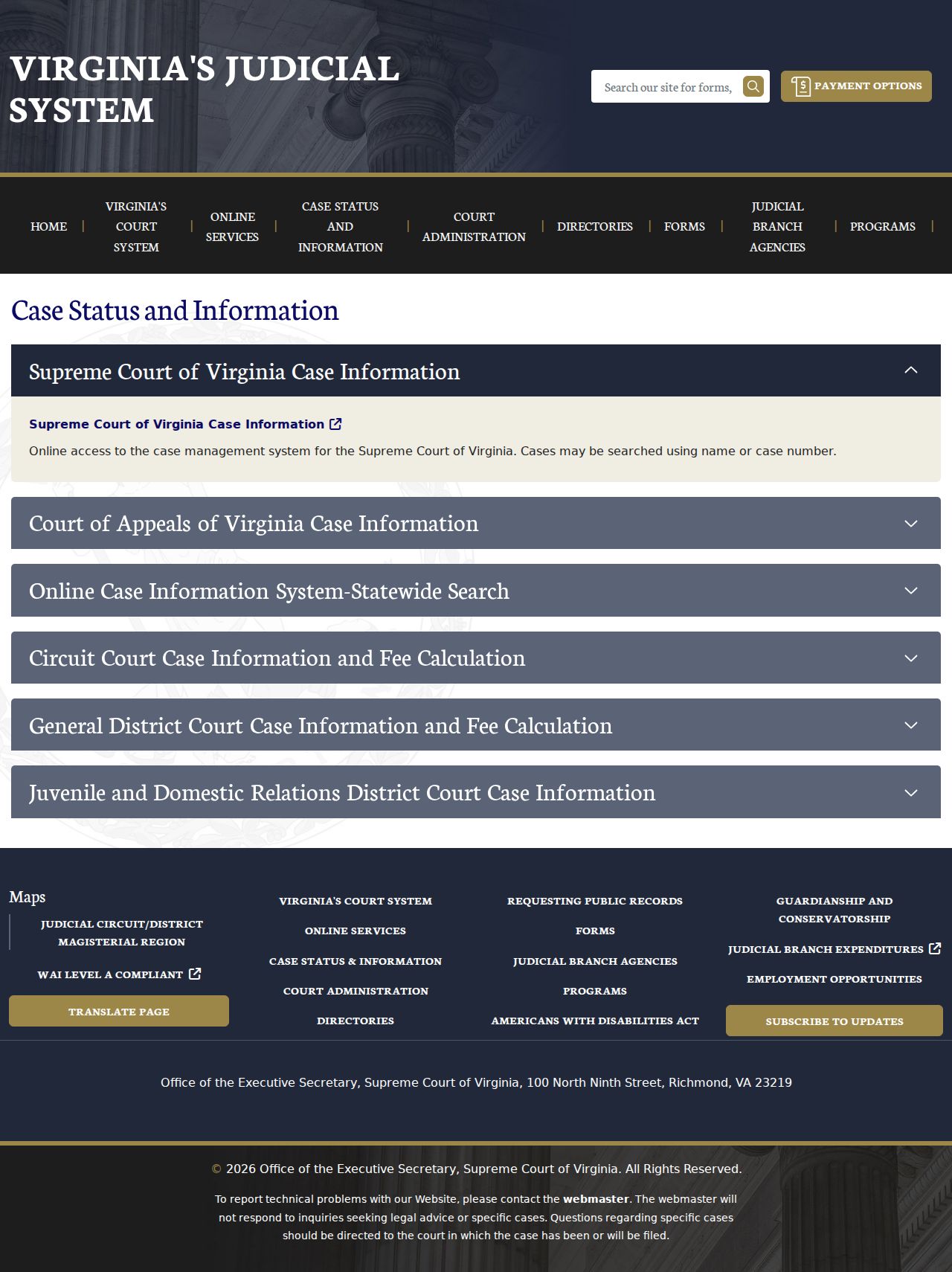 Virginia case information options for Amherst County criminal court cases