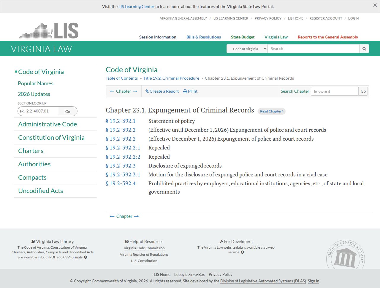 Virginia sealing law affecting Amherst County criminal court case access